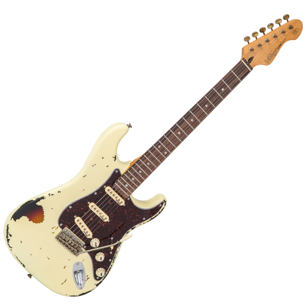 Guitarra Vintage Icon V6MRVW STR Destressed White On Sunburst - Imagem 2