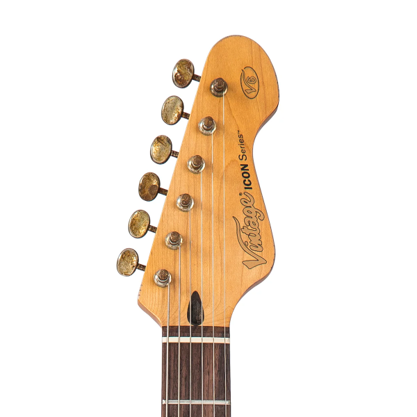 Guitarra Vintage Icon V6MRVW STR Destressed White On Sunburst - Imagem 5
