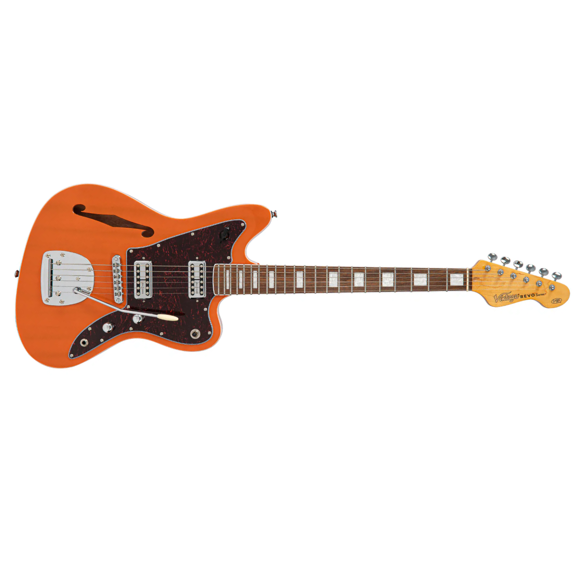 Guitarra Vintage Revo VRS 652 TO Surfmaster Thinline Twin Trans Orange - Imagem 4